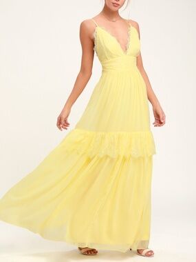 Lulus Dream About Me Pale Yellow Lace Maxi Dress - Size S
